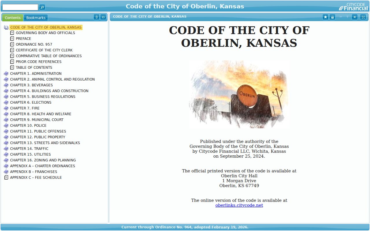 Current Oberlin online city code separate from Decatur County civil dockets