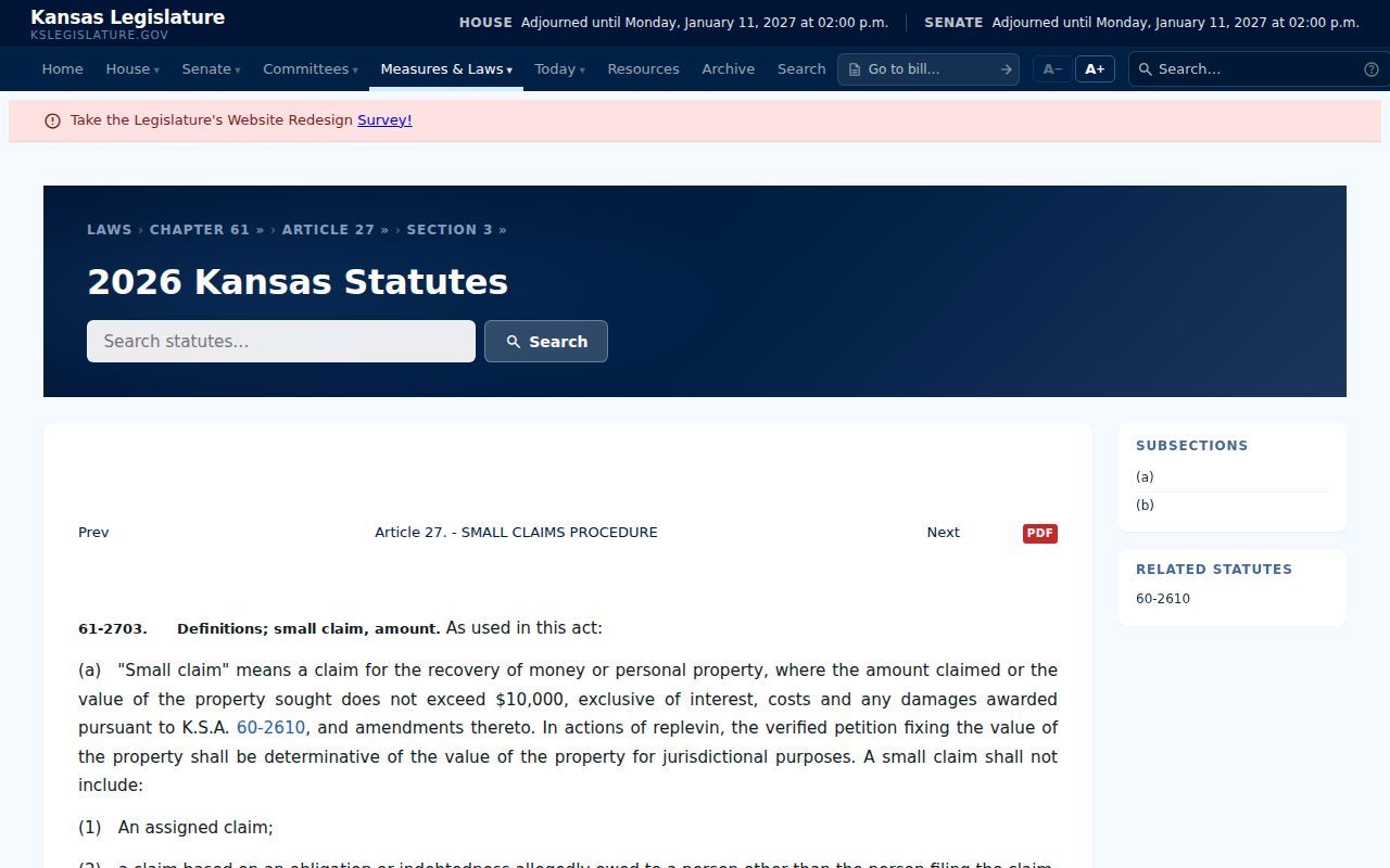 Kansas small claims ceiling statute used for Decatur County civil cases